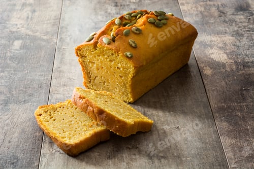 Preview: Sliced pumpkin bread loaf with pepitas on rustic wooden table