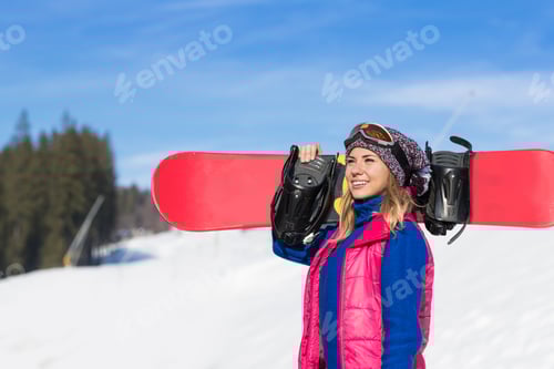 Preview: Young Girl Tourist Snowboard Ski Resort Snow Winter Mountain Happy Smiling Woman On Holiday