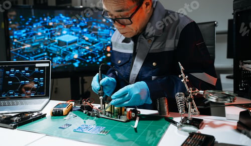 Preview: Professional technician soldering power PCB circuit board in electronics lab, showcasing hardware