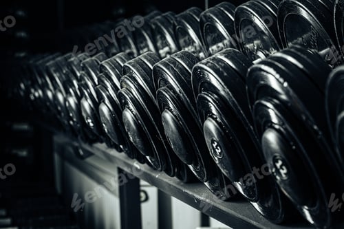 Preview: Sports equipment in gym. Dumbbells of different weight close up