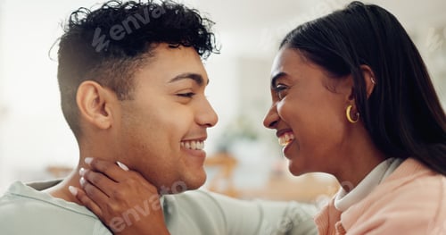 Preview: Couple, relax and smile with love at house for affection, passion and partner for support in living