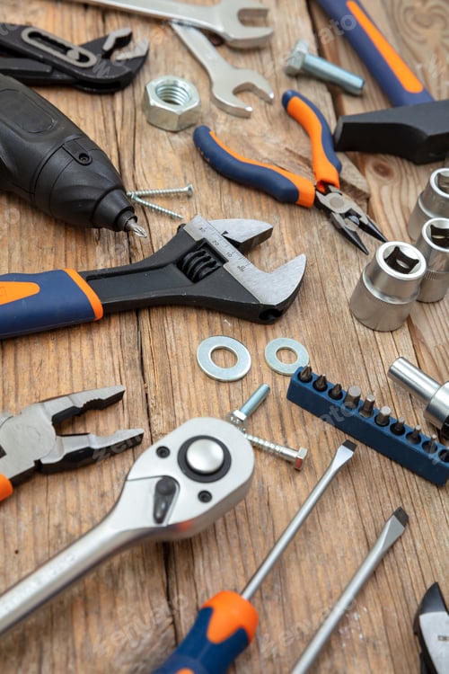 Preview: Work tool on wooden background. Hand tool new set for repair and construction