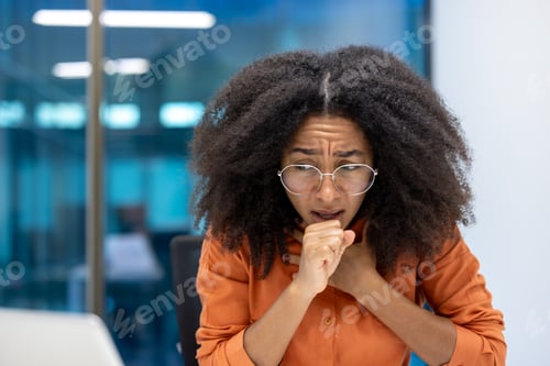 Preview: Sick woman coughing at workplace, unhealthy businesswoman close up with cold, sick with flu