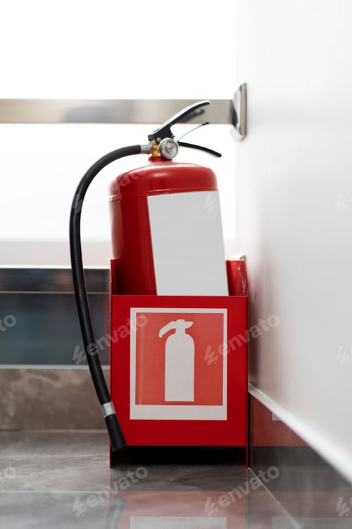 Preview: Closeup, red fire extinguisher in room, copy space. Life safety, emergency, fire fighting.