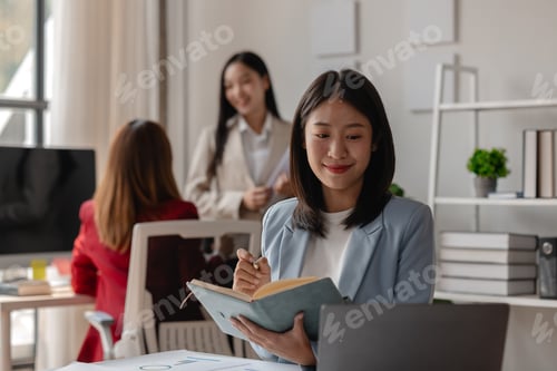 Preview: three businessperson are working in the modern office, group of employee has discussion about new pr
