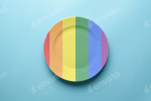 Preview: Plate in LGBT flag colors. Pride flag concept. Romantic LGBT festival feast