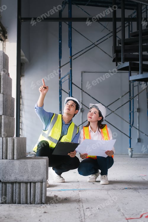 Preview: Asian male and female engineers wearing safety vests helmets inspect structural elements,review