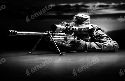 Preview: Sniper Took The Position And Waits For The Goal. Mixed Media