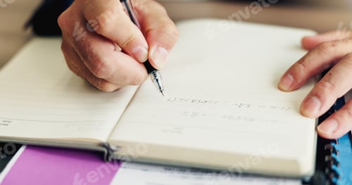 Preview: Person, hands and writing with book for equation, problem solving or diary on desk at office. Japan