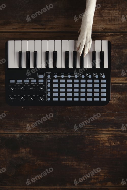 Preview: Top view dog paw on midi piano mixer