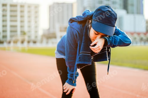 Preview: Sport asian woman resting and wipe the sweat by towel on her face after a hard workout.Running and j