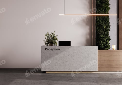 Preview: Reception desk and view on hallway in modern hotel, mockup front view, 3d rendering