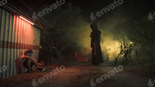Preview: Monk blesses halloween monster.