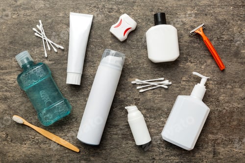 Preview: Mockup for bathing products top view flat lay, spa razor, toothpaste, soap, gel