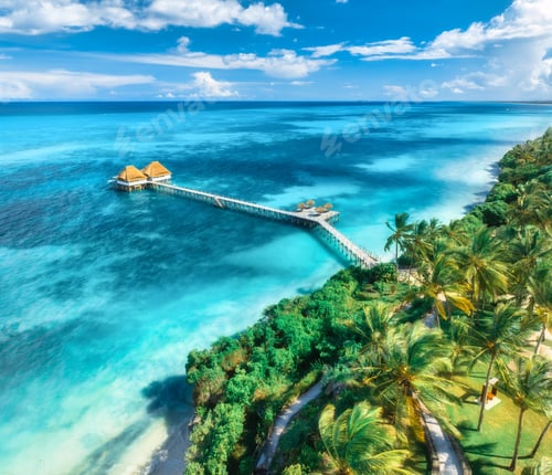 Preview: Aerial view of bungalow, white sandy beach, sea and palms