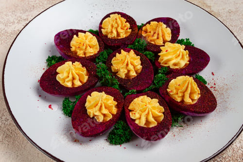 Preview: stuffed eggs, stained with beetroot juice, purple, pitaya powder, top view, top view,