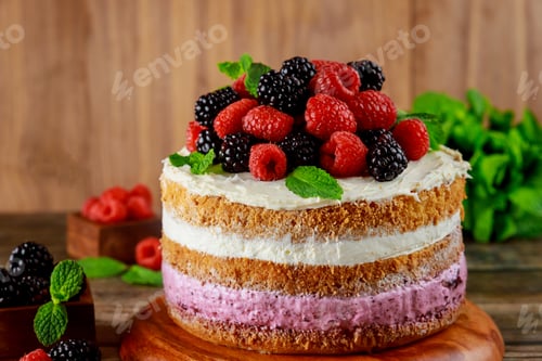 Preview: Delicious berry cake decorated with fresh raspberries and blackberries.