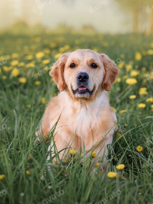 Preview: Beautiful dog golden retriever labrador sits in the grass with dandelions yellow flowers in the spri