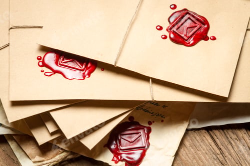 Preview: Stack of vintage envelopes with red sealant