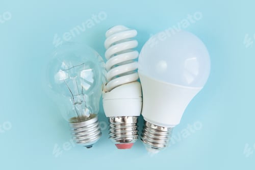 Preview: tungsten, fluorescent and LED bulb on blue background