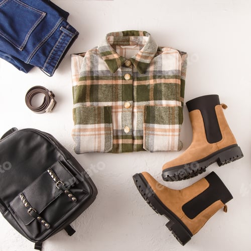 Preview: Set of clothes. Checked shirt, jeans, beige boots, leather backpack. Shoes and wardrobe. Women's