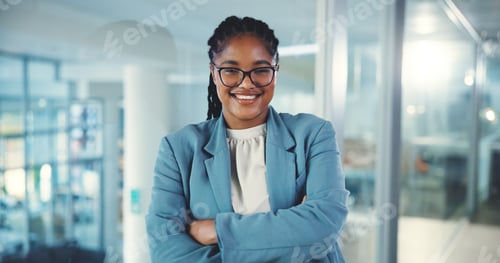 Preview: Happy, business or African woman with arms crossed for finance career, investment project or accoun
