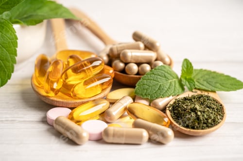 Preview: Alternative medicine herbal organic capsule with vitamin E omega 3 fish oil, mineral, drug