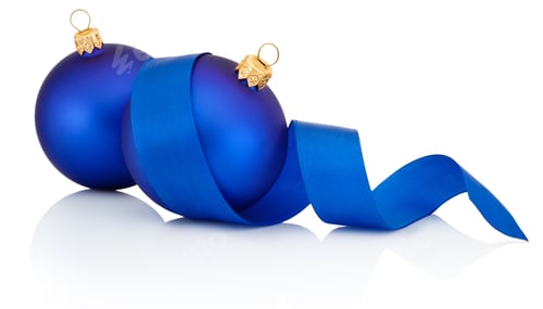 Preview: Two Blue Christmas ball covered with curled ribbon Isolated on w