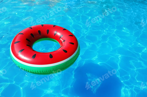 Preview: Inflatable ring floating in swimming pool on sunny day. Space for text