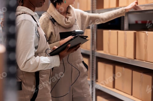 Preview: Women scanning parcels in ecommerce retail store warehouse