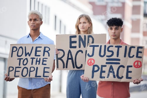 Preview: Protest, crowd and poster of peace, racism and justice in city street rally, fight and human rights