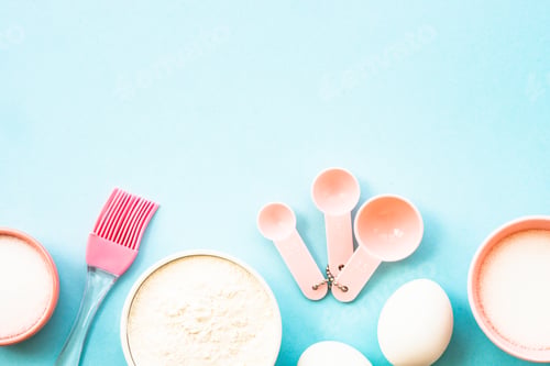 Preview: Food baking background at blue flat lay.
