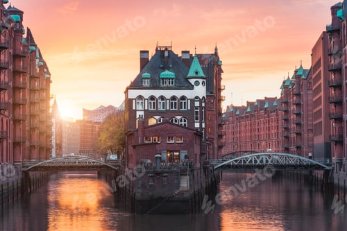 Preview: Hamburg city old port, Germany, Europe. Historical famous warehouse district with water castle