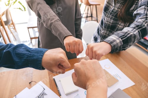Preview: Group of business teamwork join their hands together with power and successful concept