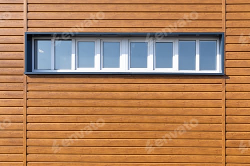 Preview: Wooden wall background with small windows. Light wood pattern. Modern wood template. Horizontal