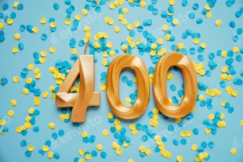 Preview: 400 four hundred followers card golden birthday candle on Festive Background.