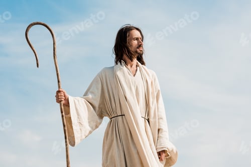Preview: bearded man holding wooden cane against blue sky and clouds
