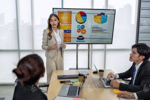 Preview: Employee meeting big screen tv presentation conference discussion brainstorming and working together
