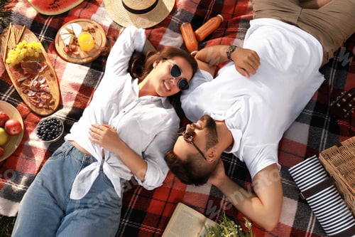Preview: Happy young couple resting on picnic plaid, above view