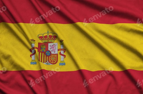 Preview: Spain flag is depicted on a sports cloth fabric with many folds. Sport team waving banner