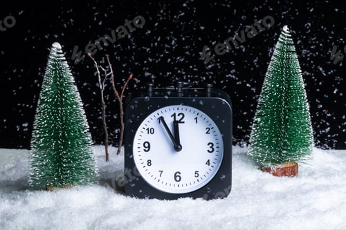 Preview: New Year's Eve. Christmas Eve. Composition Night winter forest, blizzard and alarm clock in the snow