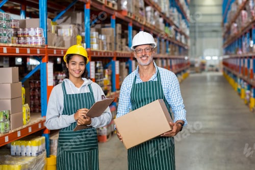 Preview: Portrait of warehouse workers standing with clipboard and cardboard boxes