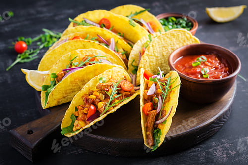 Vista previa: Taco. Mexican tacos with beef meat, corn and salsa. Mexican cuisine. copy space.