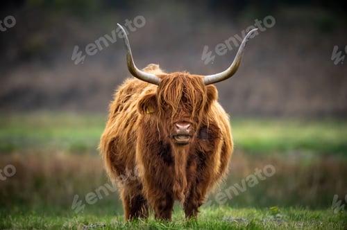 Preview: Scottish highland cattle portrait with big horns captured standing in a pasture