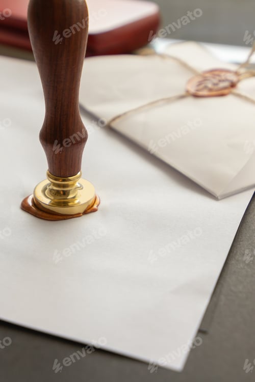 Preview: Notary public wax stamper. White envelope with brown wax seal, golden stamp. Responsive design