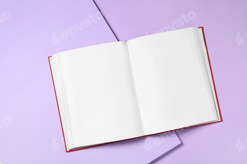 Preview: Open book with blank pages on violet background, top view. Space for text