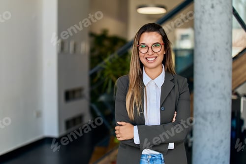 Preview: Smiling Professional Woman in a Modern Office Workspace with Arms Crossed