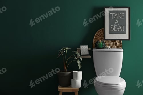 Preview: Decor elements, paper rolls and toilet bowl near green wall, space for text. Bathroom interior