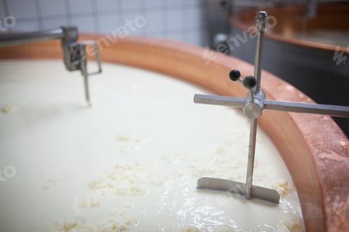 Preview: Closeup shot of equipment of Gruyere cheese fabrication in France