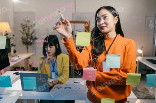 Preview: Asian entrepreneurs brainstorming in a vibrant office, organizing ideas on glass wall with sticky no